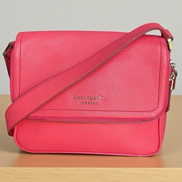 Kate Spade Pebble Leather Crossbody Shoulder Bag Large Flap Barbiecore Pink READ - Picture 1 of 16